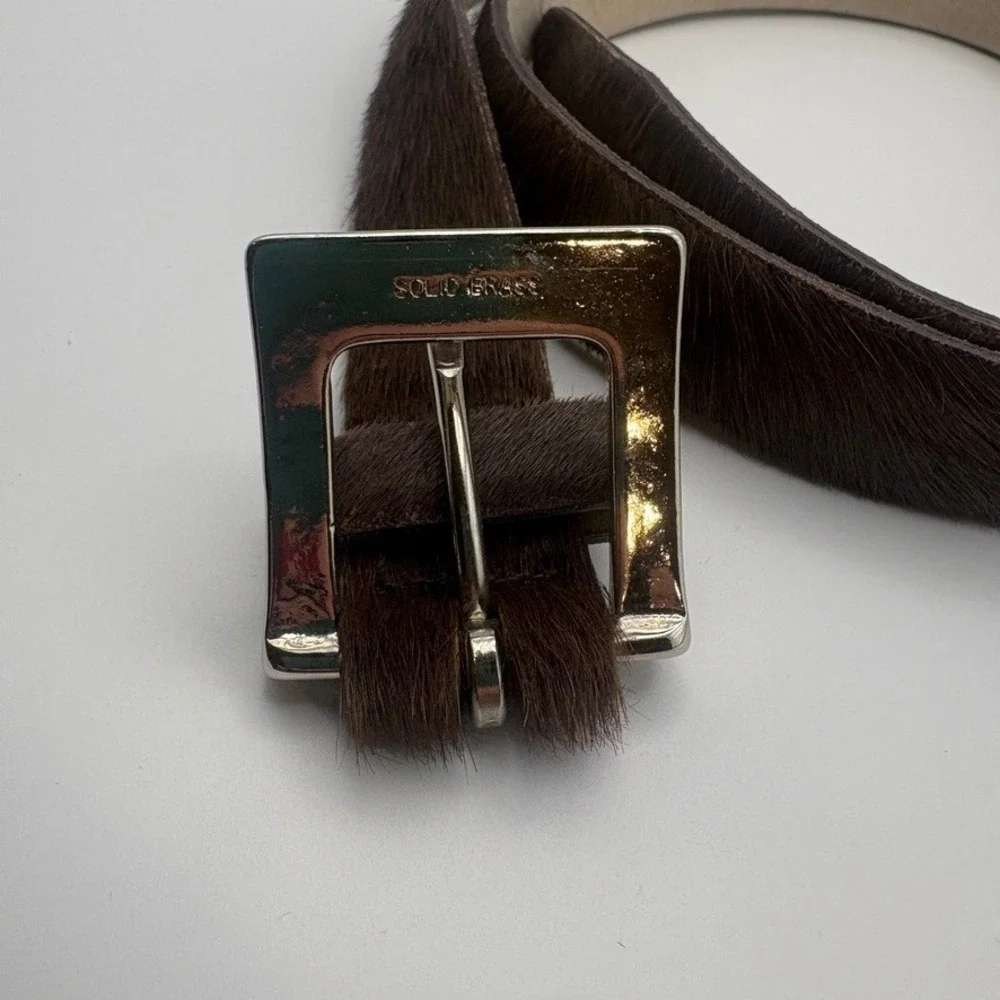 Vtg Halston Dark Brown Calf Hair Leather Belt Solid Brass Buckle Made in USA LG